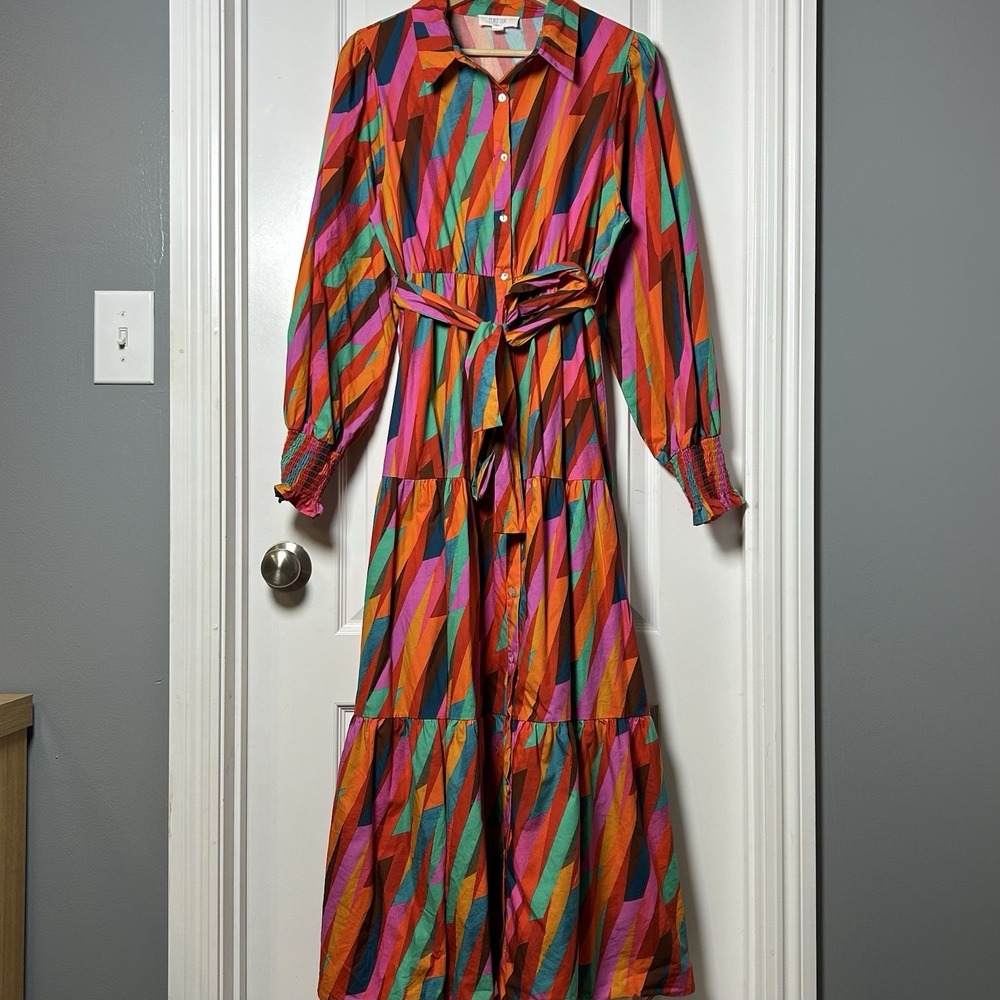 Peach Love California Cotton Multicolor Abstract Geometric Tiered Maxi Dress
